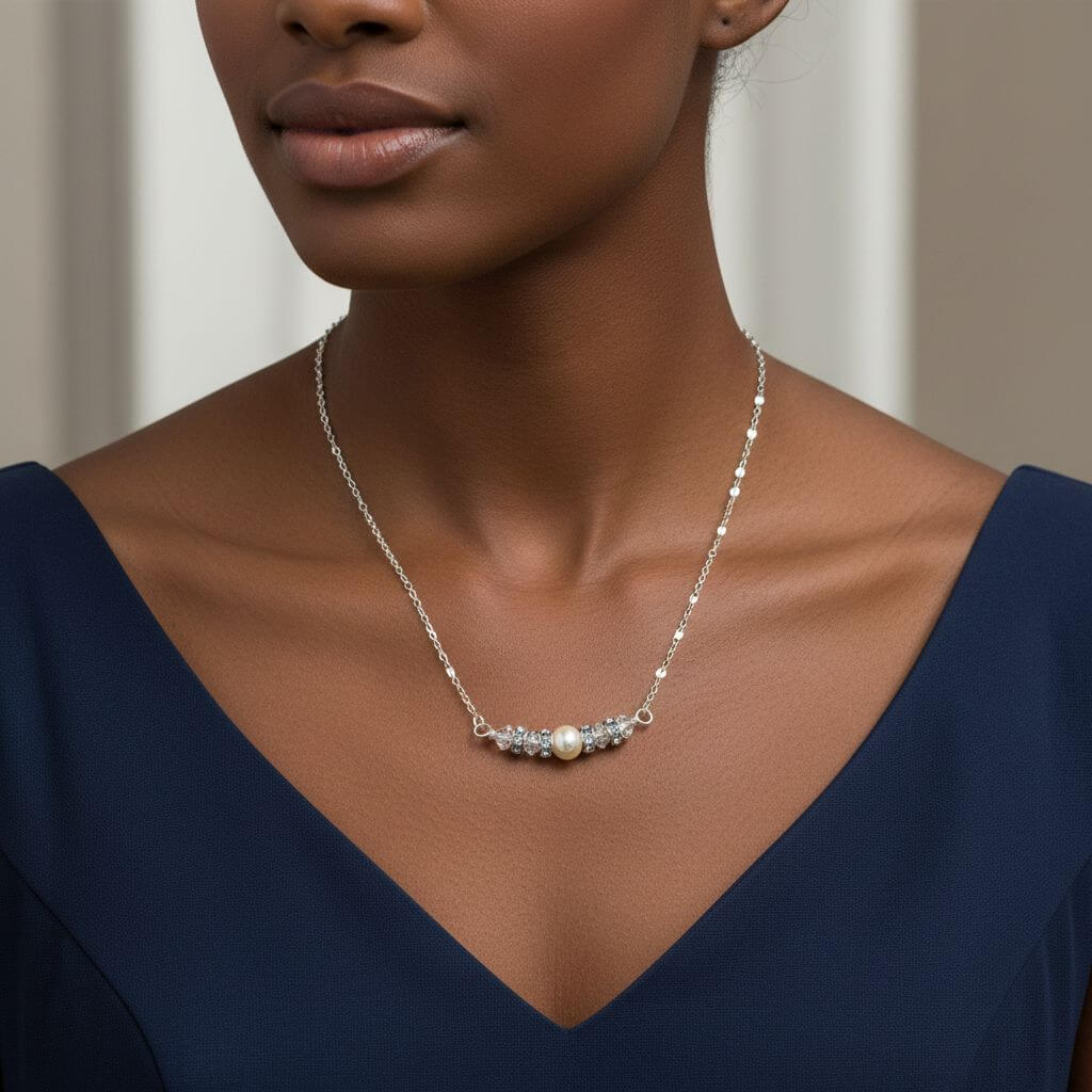 Silver Swarovski Crystal Pearl Bar Bridal Necklace