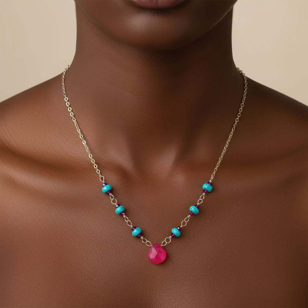 Gold Filled Pink Chalcedony Turquoise Gemstone Drop Necklace