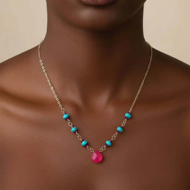Gold Filled Pink Chalcedony Turquoise Gemstone Drop Necklace on model, featuring pink chalcedony and turquoise beads.