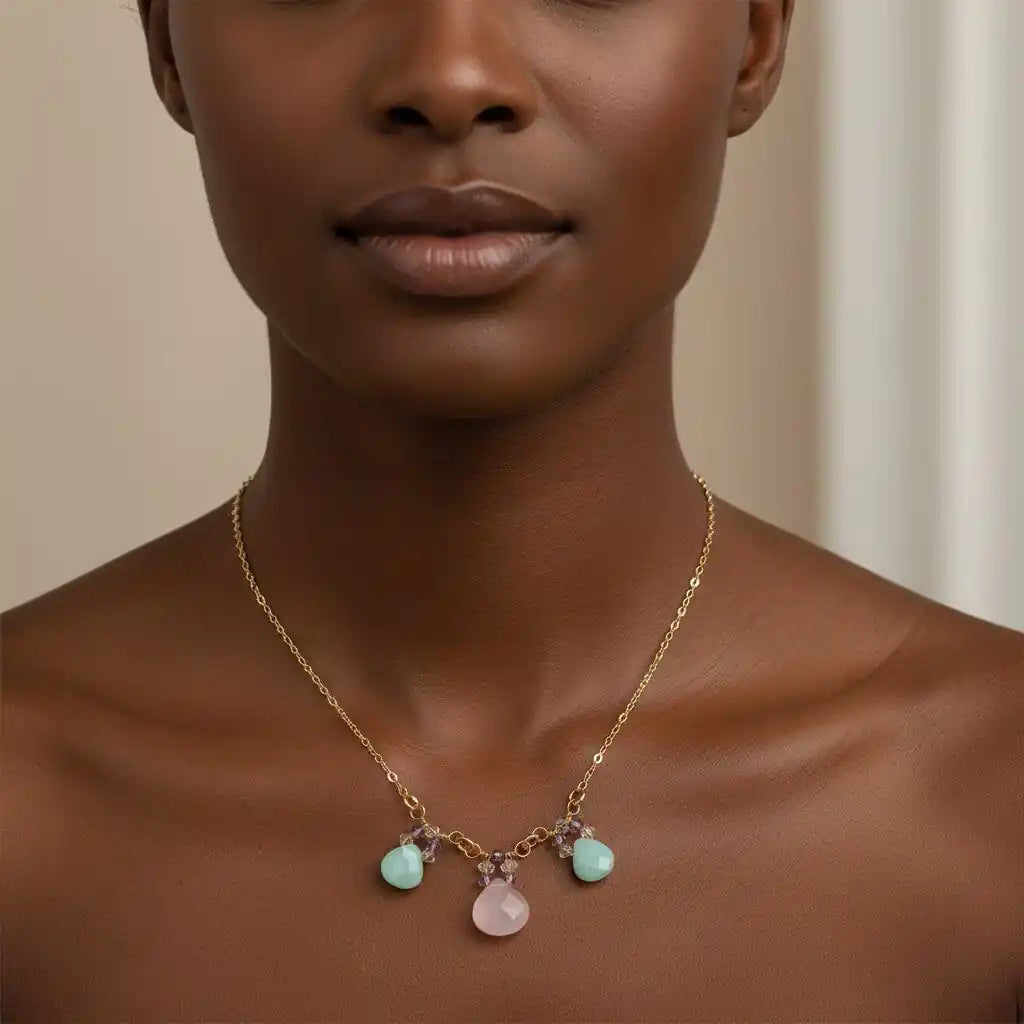Gold Filled Light Pink and Mint Chalcedony Chain Necklace worn by model showcasing its elegance and color contrast.