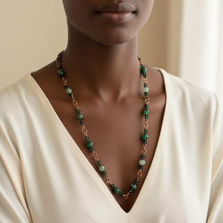 24 inches emerald agate wire wrapped necklace displayed elegantly on model.