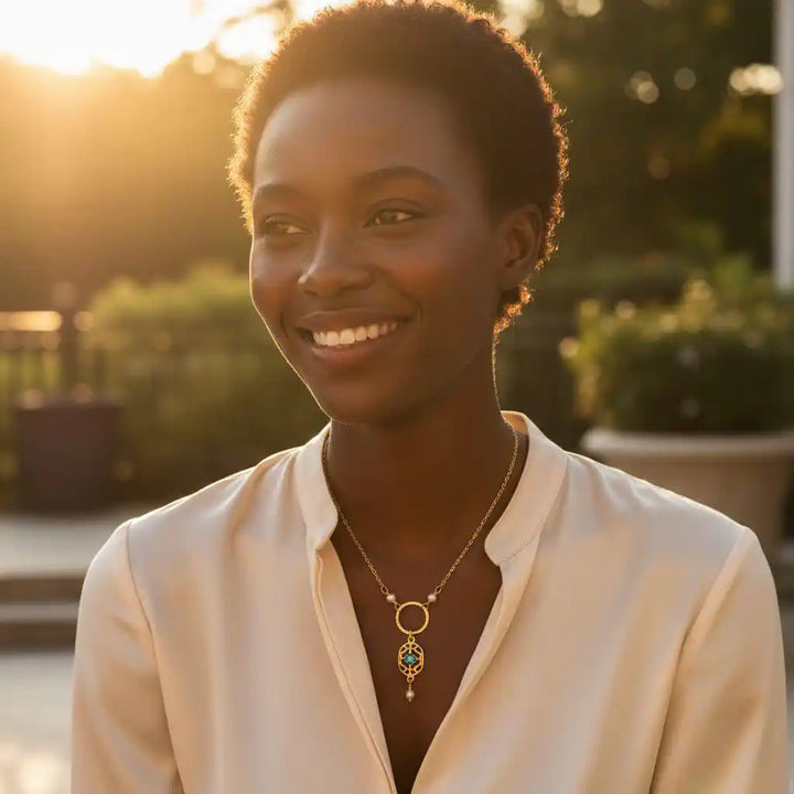 Smiling woman wearing a 14 K Gold-Filled Hammered Open Circle Filigree Necklace in natural sunlight.