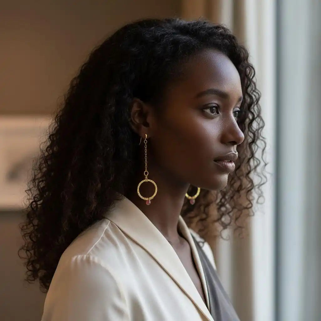 Model wearing Gold Filled Wrapped Pink Chalcedony Open Circle Earrings, showcasing elegant design and vibrant gemstone.