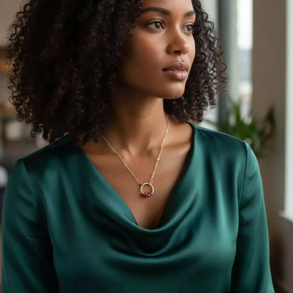 Gold Filled Pink Chalcedony Open Circle Necklace worn by a woman in a green top, showcasing contemporary elegance.