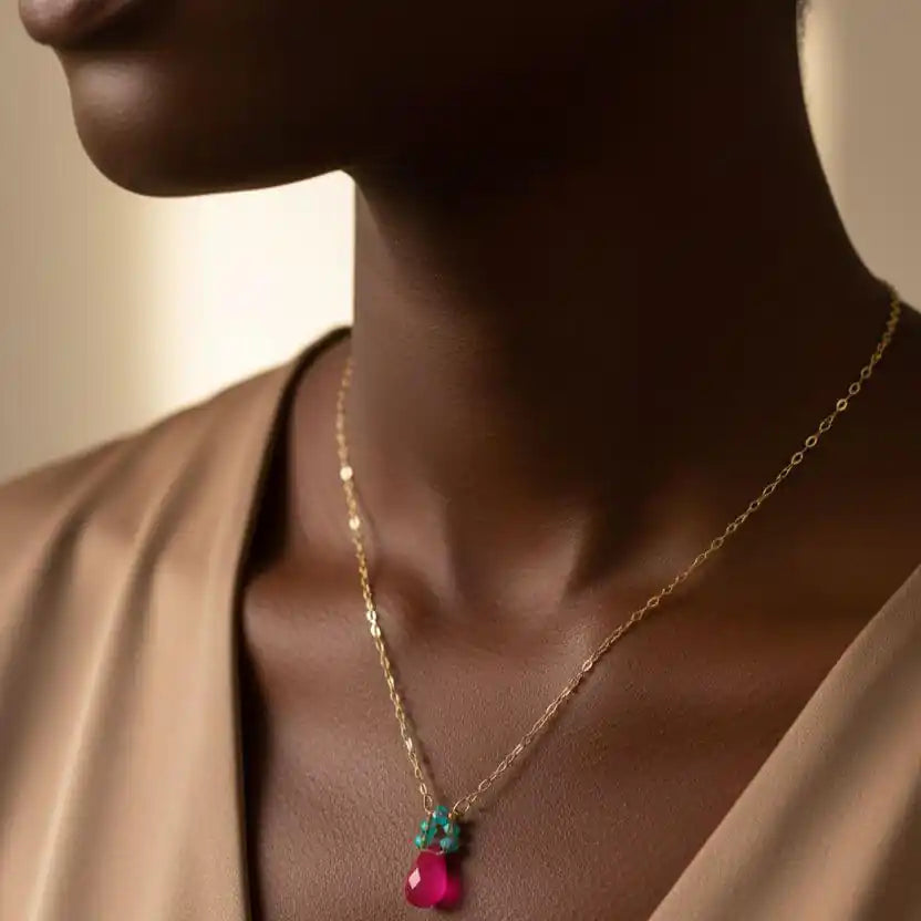 Gold Filled Pink and Aqua Gemstone Crystal Chain Necklace worn on a model&