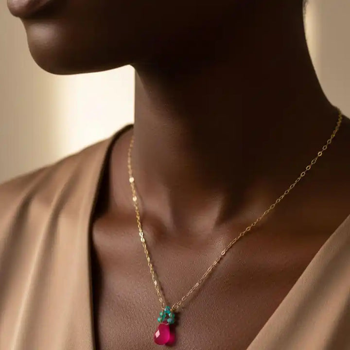 Gold Filled Pink and Aqua Gemstone Crystal Chain Necklace worn on a model&