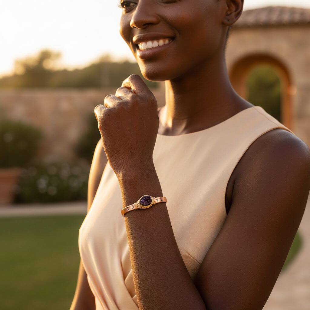 LOVE Stamped Gold Wire Wrapped Purple Druzy Copper Cuff