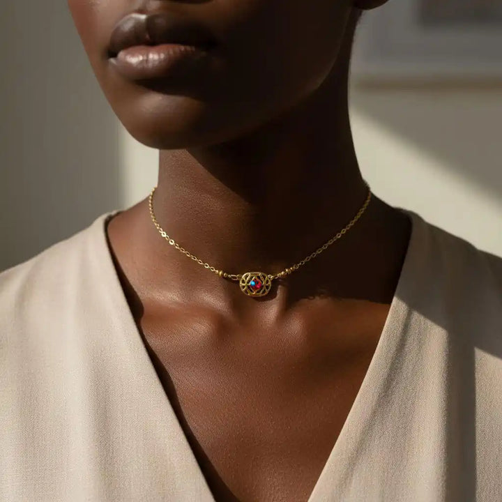 Red Crystal 14 K Gold Filled Adjustable Filigree Choker worn elegantly on a model&
