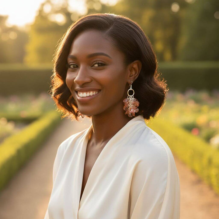 Rose Peach Crystal Sterling Silver Cluster Earrings