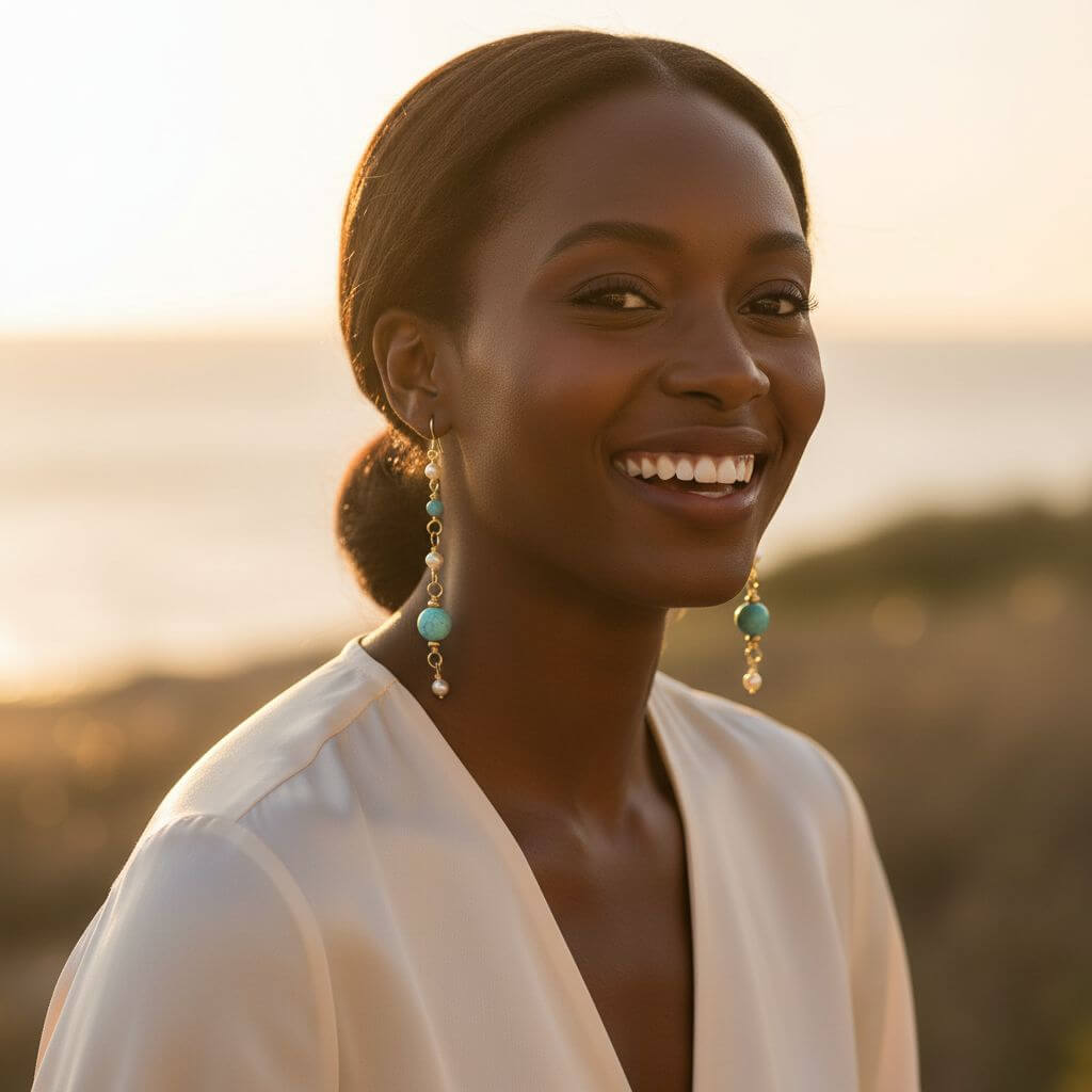 Long 14 K Gold Filled Turquoise Pearl Earrings