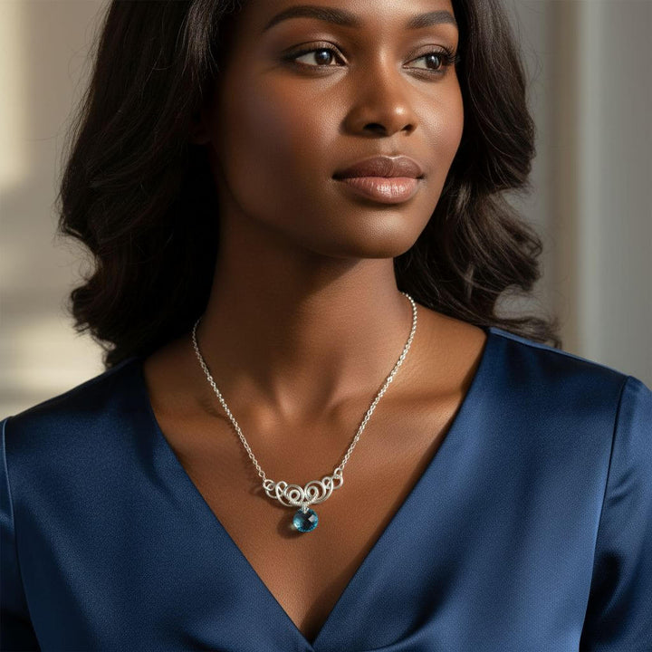 Silver Wire Sculpted Round Aqua Crystal Pendant Necklace