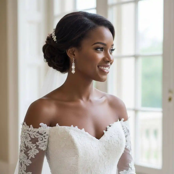 Bridal Sterling Silver Stacked Crystal and Pearl Earrings worn by a bride in a beautiful wedding dress.