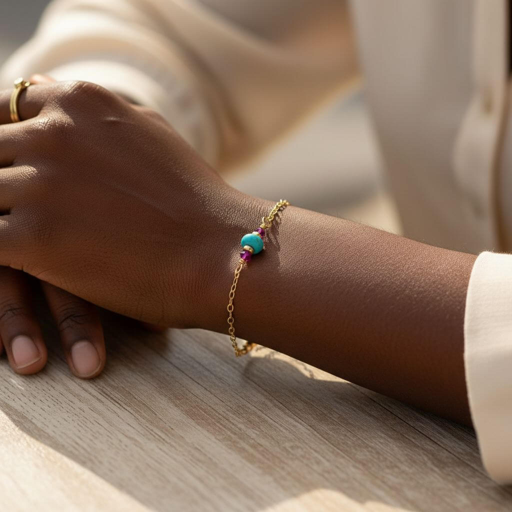 14K Gold Filled Pink and Turquoise Gemstone Dainty Bracelet