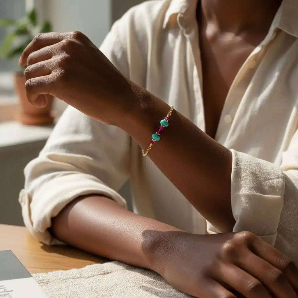 Handmade Gold Filled Pink Turquoise Gemstone Bracelet worn on a model&