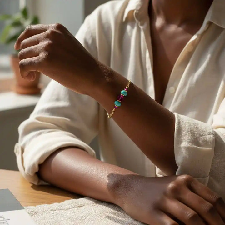 Handmade Gold Filled Pink Turquoise Gemstone Bracelet worn on a model&