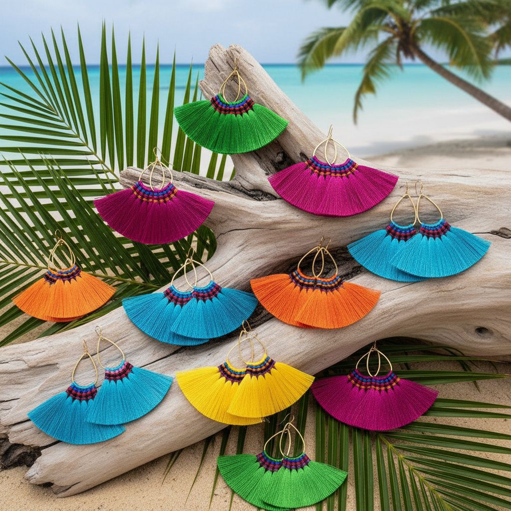Handmade Hawaii Hula Skirt Rayon Silk Tassel Hoop Earrings displayed on driftwood with a tropical background.