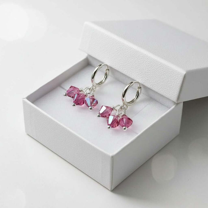 Mini Sterling Silver Hoop Pink Crystal Dangle Earrings