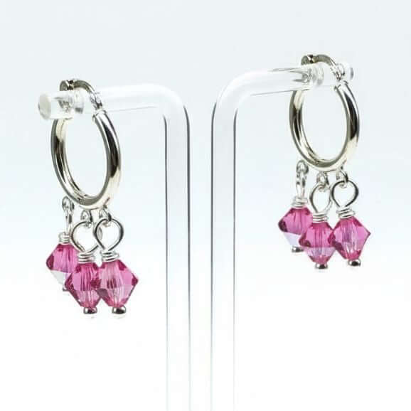 Mini Sterling Silver Hoop Pink Crystal Dangle Earrings
