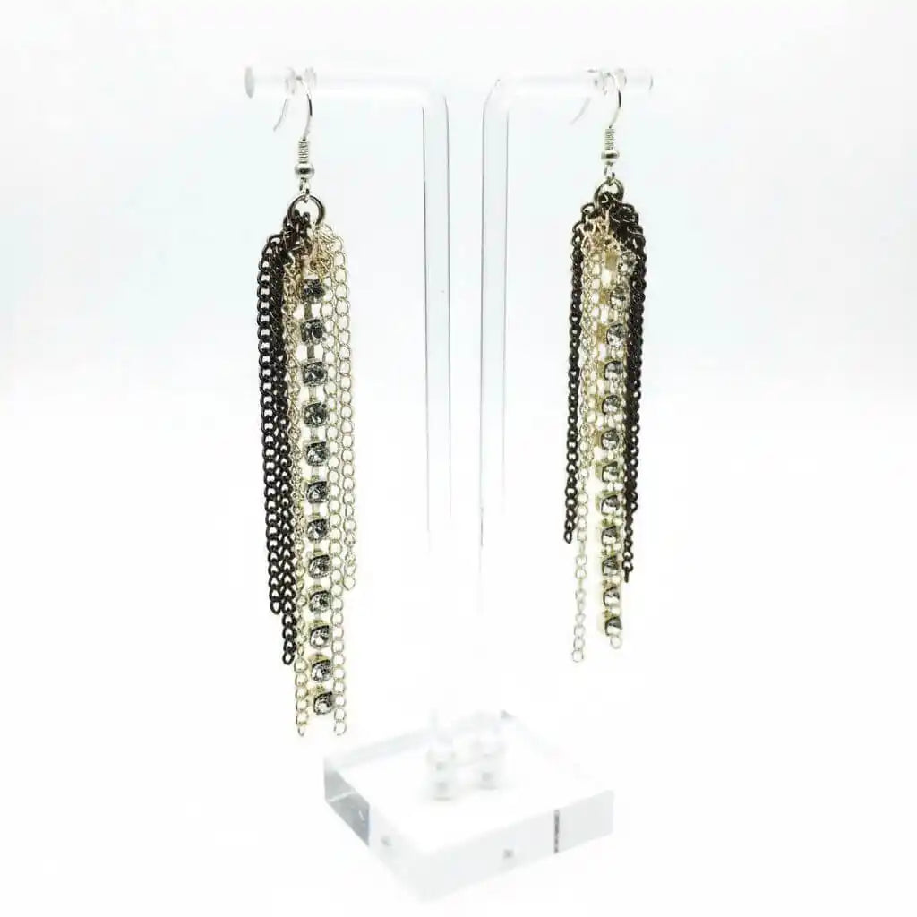 Rhinestone Crystal Chain Fringe Earrings with mixed metal chains and sparkling rhinestone crystals for a dramatic look.