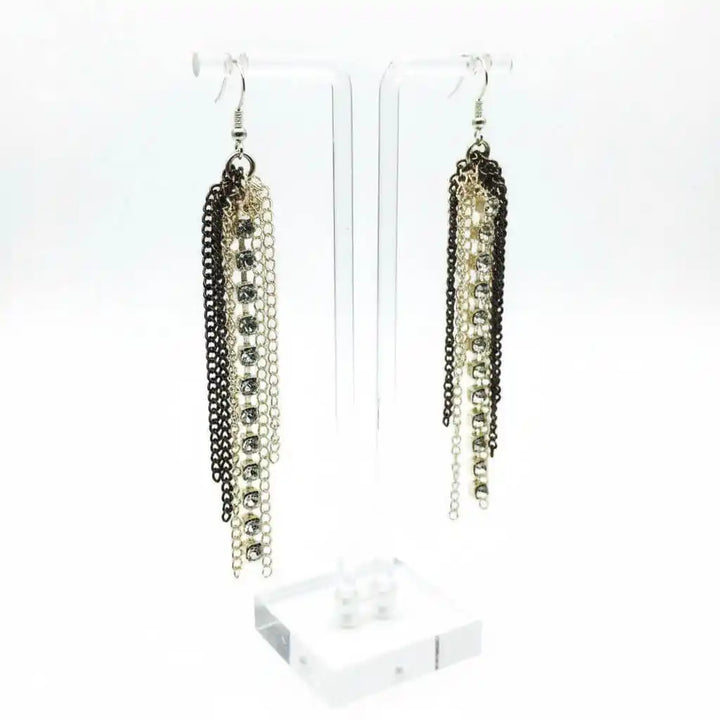 Rhinestone Crystal Chain Fringe Earrings with mixed metal chains and sparkling rhinestone crystals for a dramatic look.