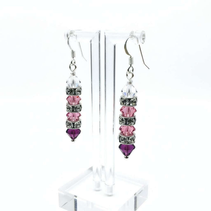 Hot Pink Ombre Stacked Crystal Sterling Silver Earrings