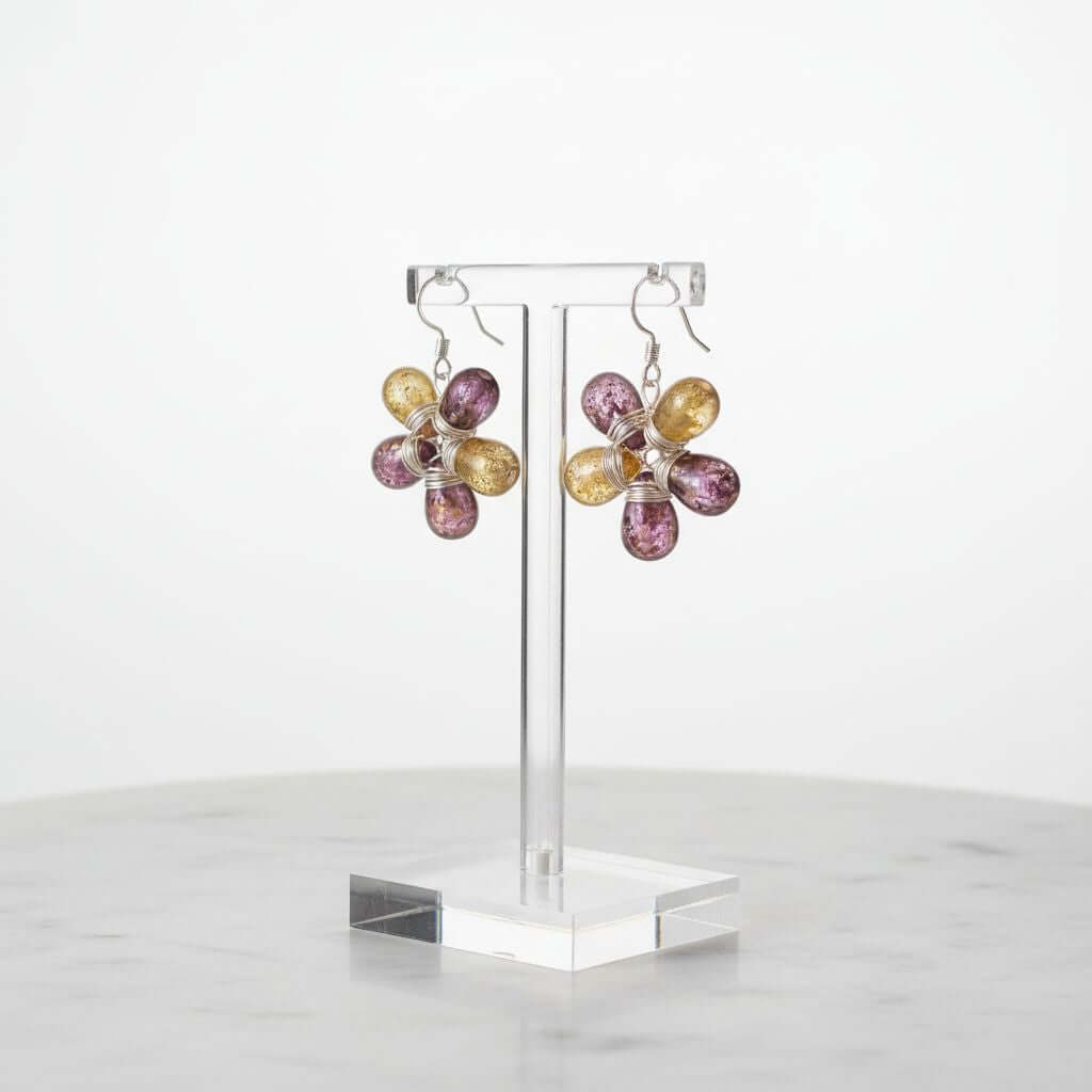 Purple and Yellow Flower Sterling Silver Earrings