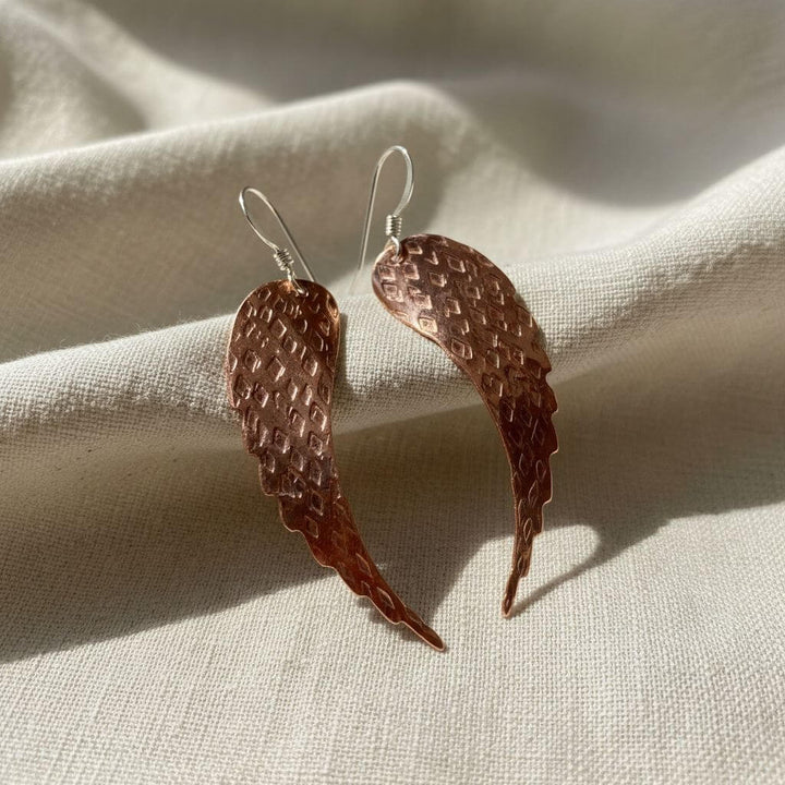 Copper Hammer Pattern Sculpted Angel Wings Earrings