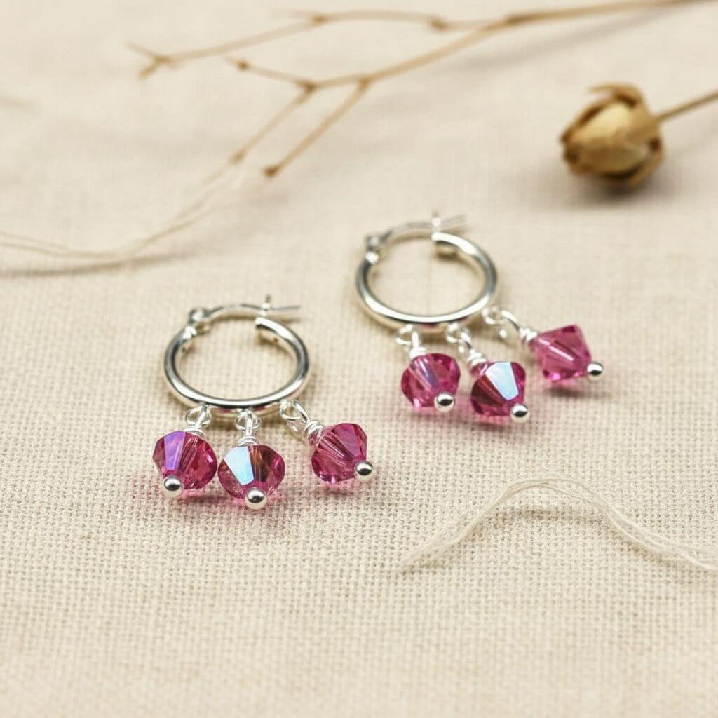 Mini Sterling Silver Hoop Pink Crystal Dangle Earrings