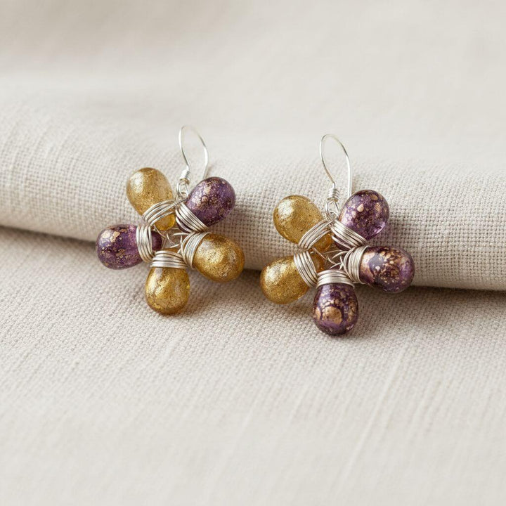 Purple and Yellow Flower Sterling Silver Earrings