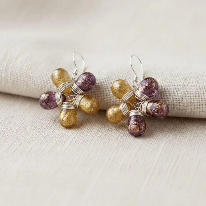 Purple and Yellow Flower Sterling Silver Earrings featuring wire-wrapped Czech glass beads in floral design.