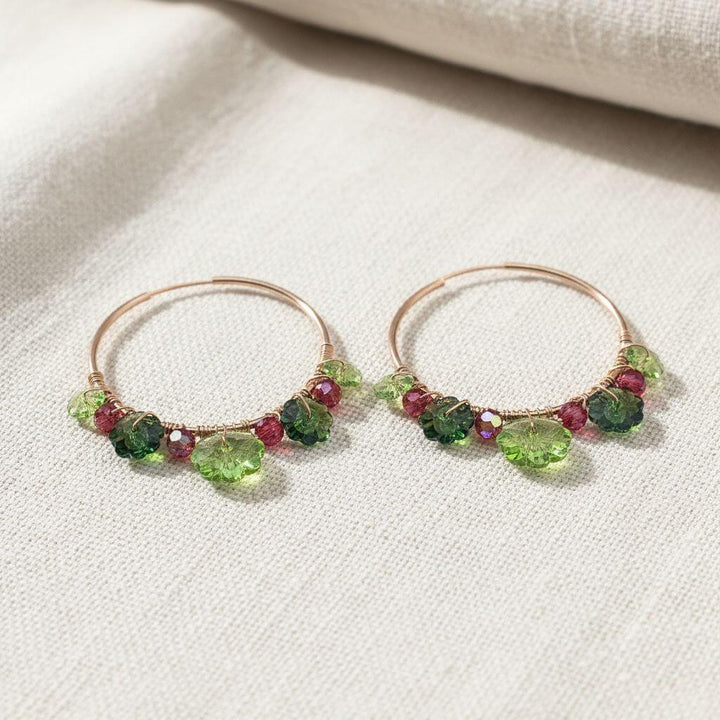 14 K Rose Gold Filled Red Green Holly Berry Crystal Hoops