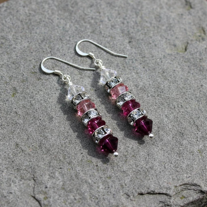 Hot Pink Ombre Stacked Crystal Sterling Silver Earrings