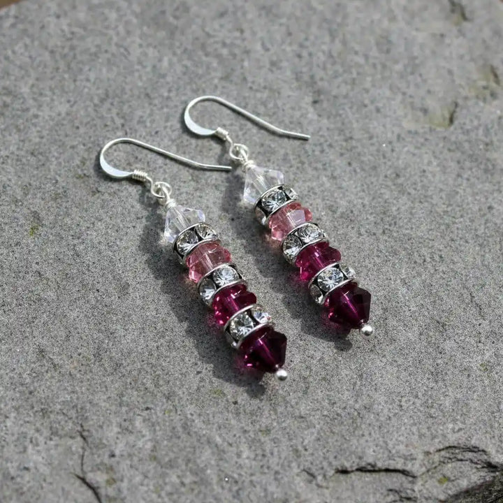 Hot Pink Ombre Stacked Crystal Sterling Silver Earrings showcasing a stunning gradient and sparkle.