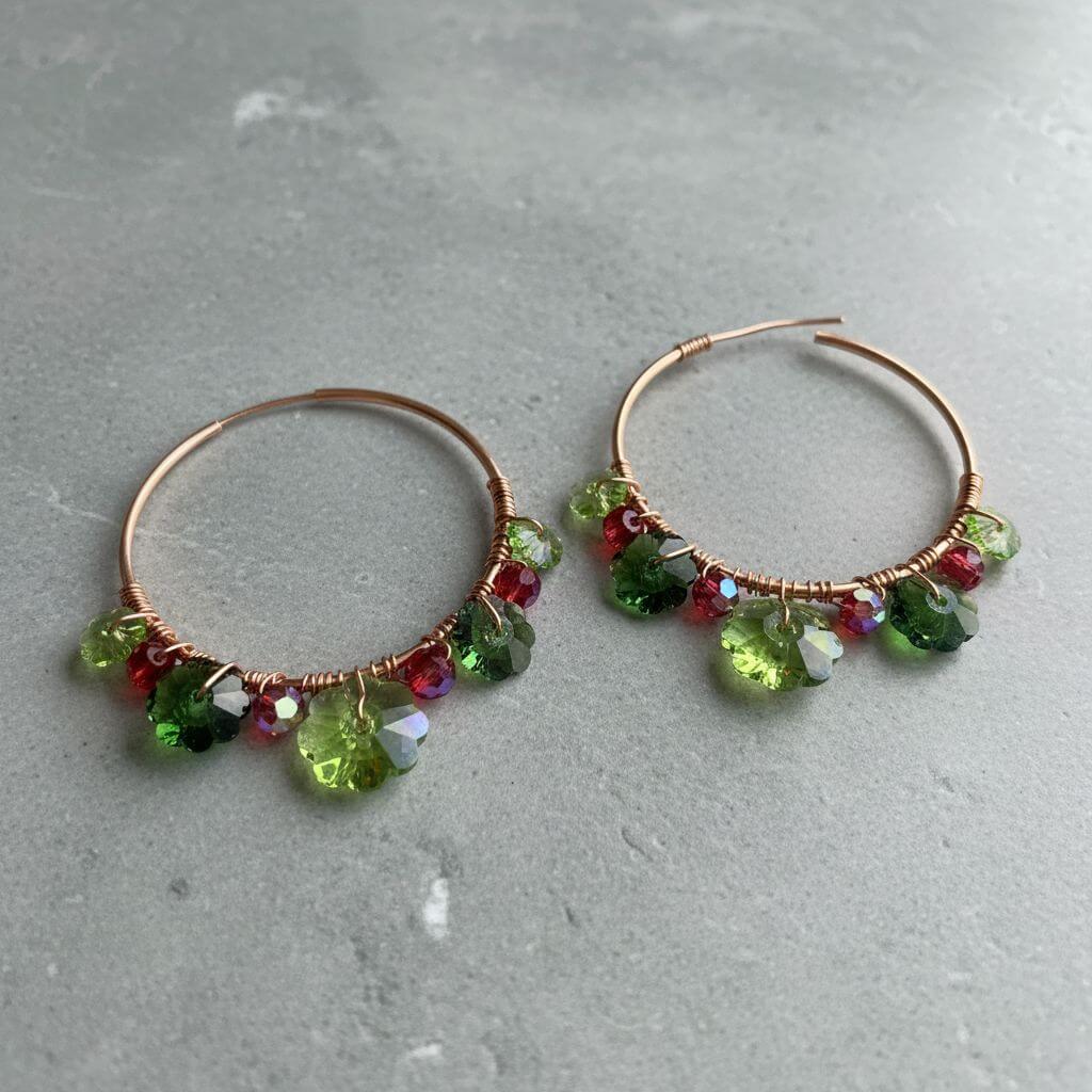 14 K Rose Gold Filled Red Green Holly Berry Crystal Hoops