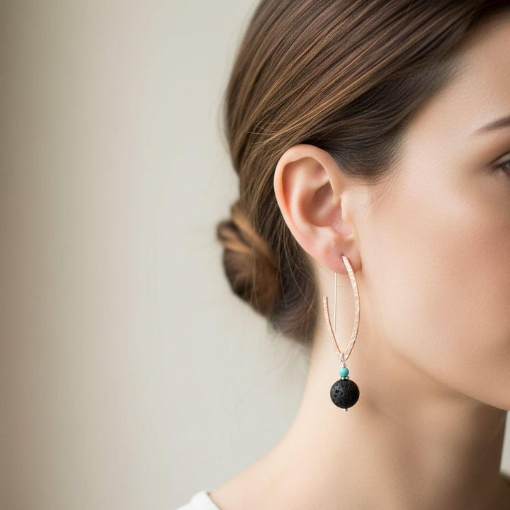 Hammered Pointed Oval Hoop Lava Rock Bead Earrings