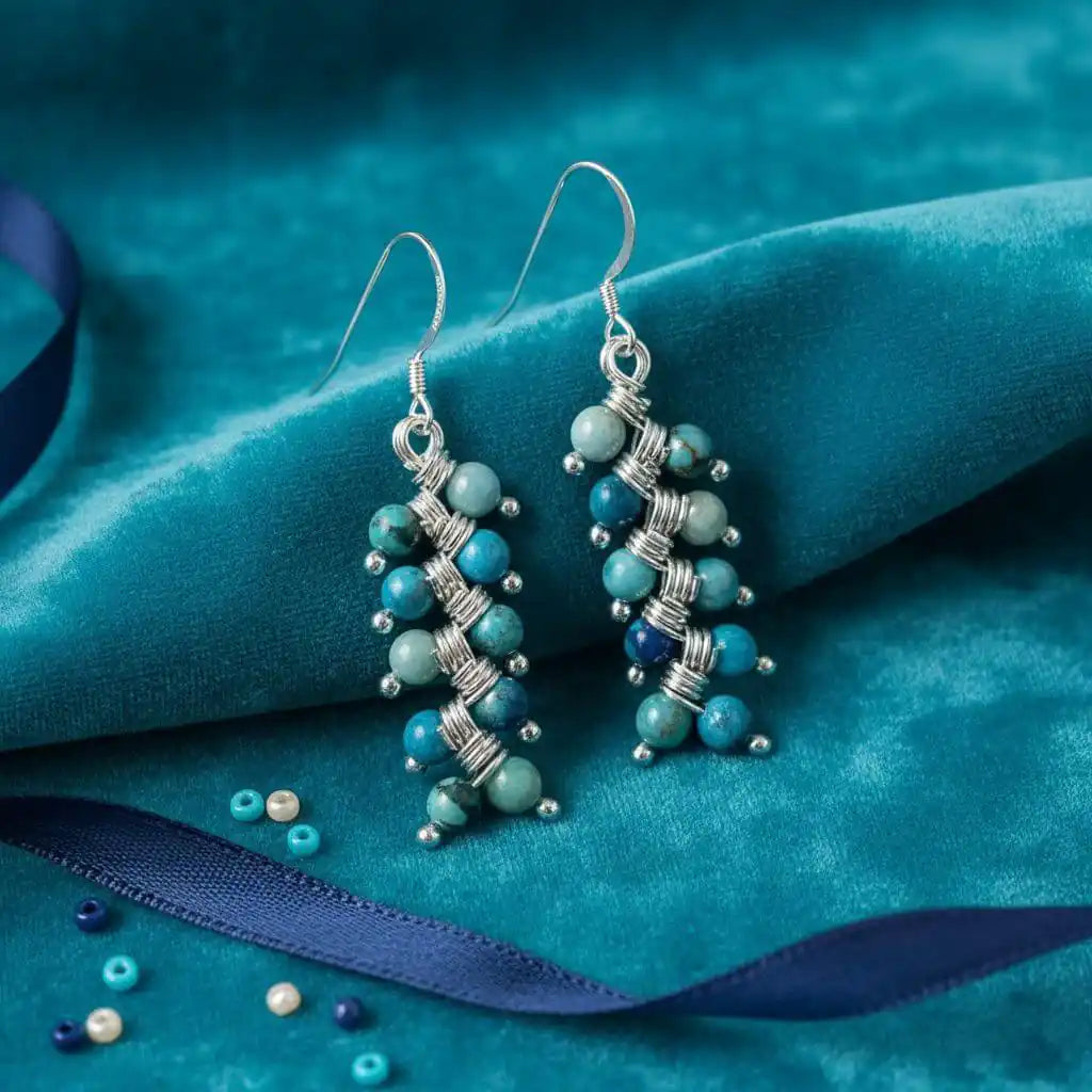Seen On Jane The Virgin Silver Turquoise Wire Coil Earrings elegantly displayed on teal fabric background.