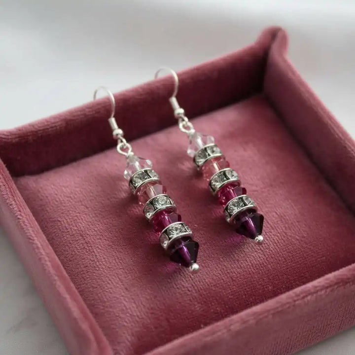 Hot Pink Ombre Stacked Crystal Sterling Silver Earrings displayed in a velvet box.