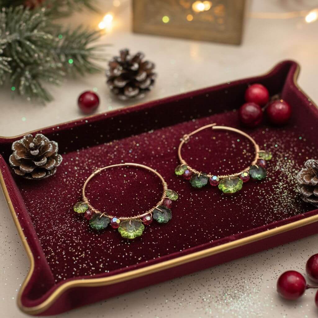 14 K Rose Gold Filled Red Green Holly Berry Crystal Hoops