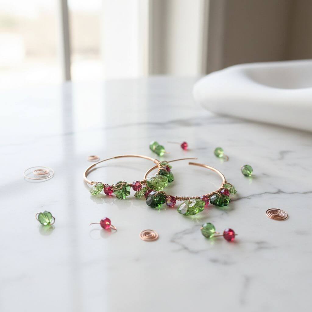 14 K Rose Gold Filled Red Green Holly Berry Crystal Hoops