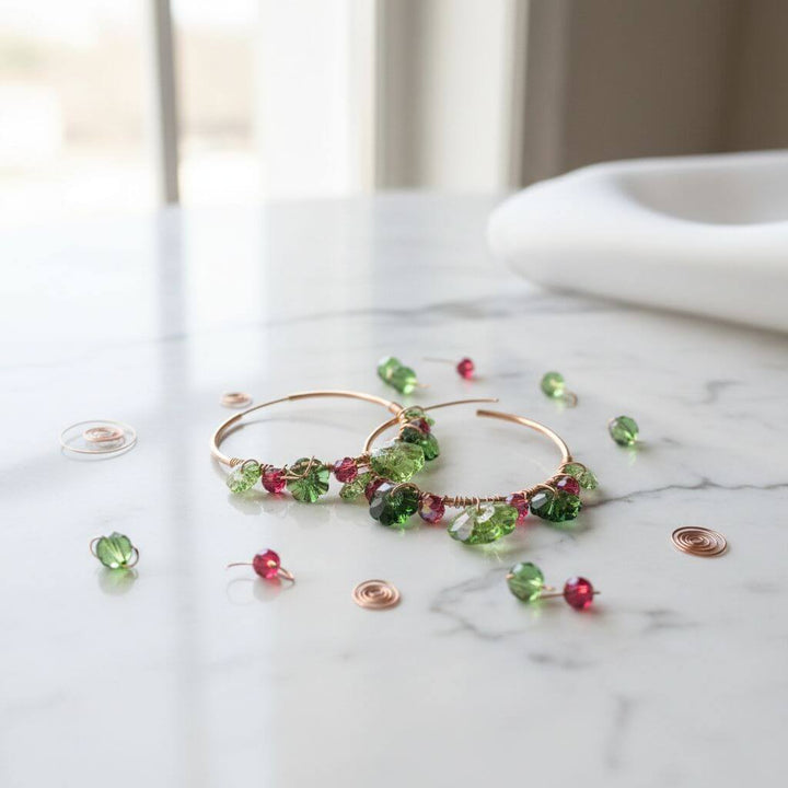 14 K Rose Gold Filled Red Green Holly Berry Crystal Hoops