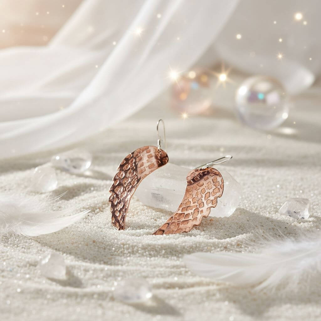 Copper Hammer Pattern Sculpted Angel Wings Earrings