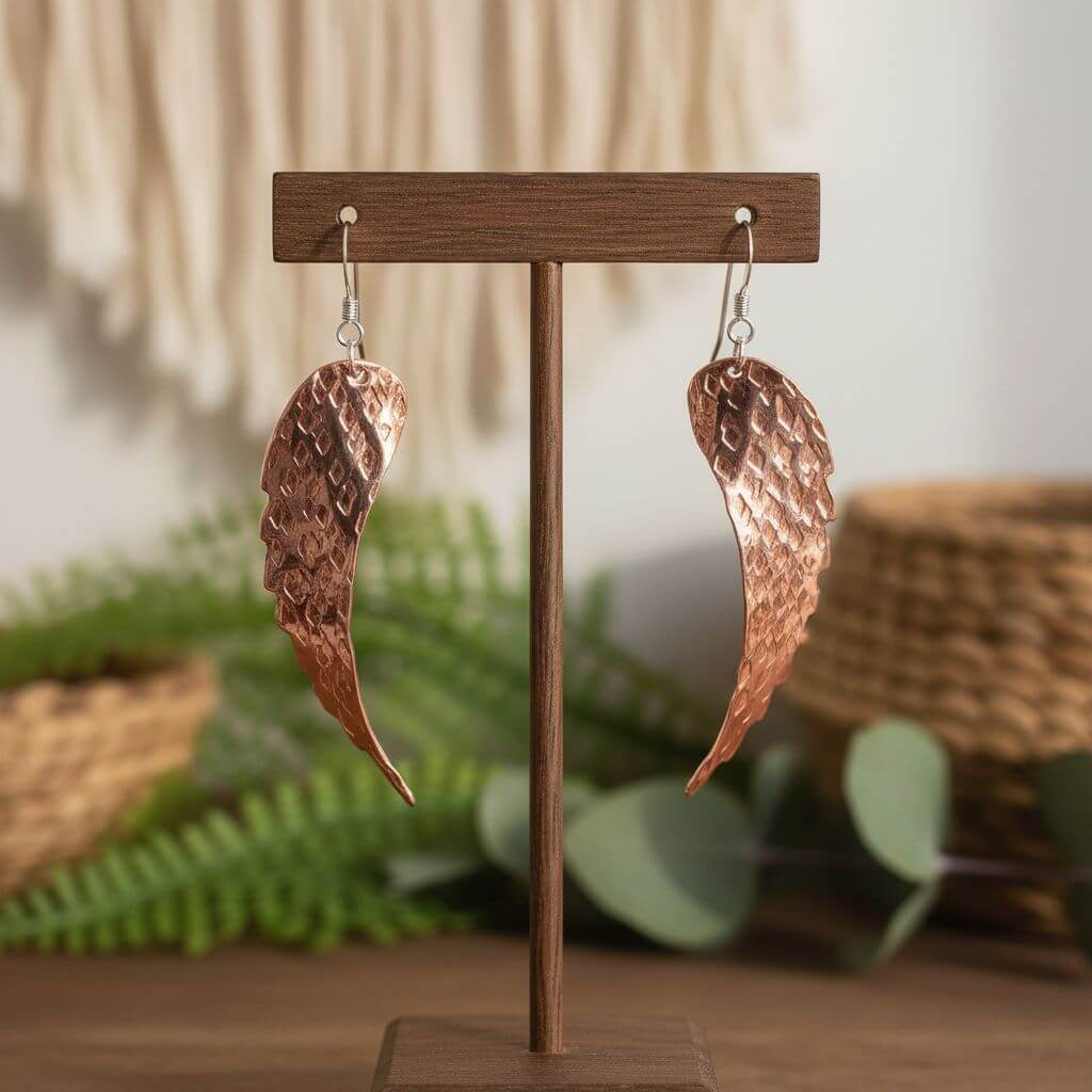 Copper Hammer Pattern Sculpted Angel Wings Earrings