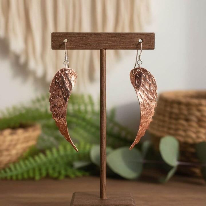 Copper Hammer Pattern Sculpted Angel Wings Earrings