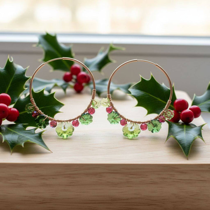 14 K Rose Gold Filled Red Green Holly Berry Crystal Hoops