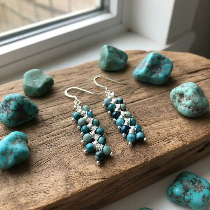Seen On Jane The Virgin Silver Turquoise Wire Coil Earrings resting on wood with turquoise gemstones.