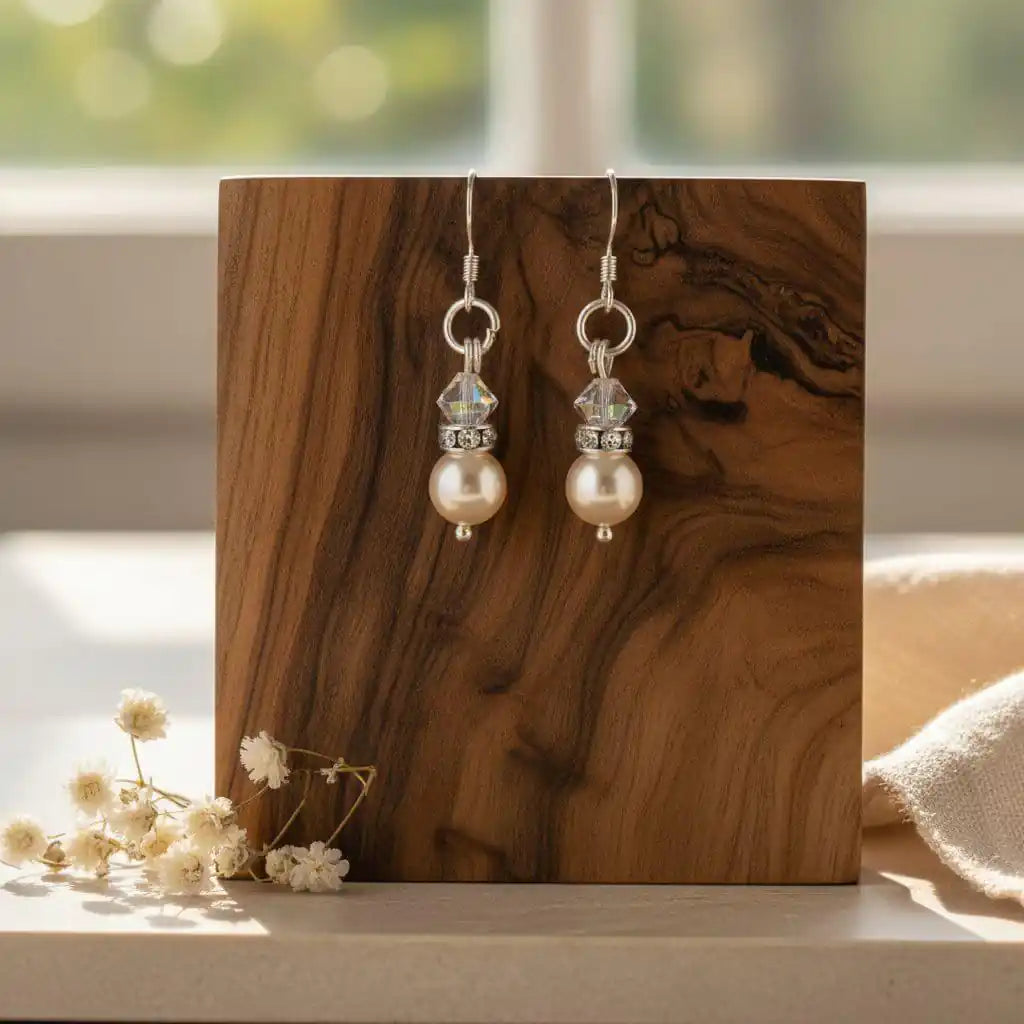 Various Color Swarovski Crystal Pearl Stack Earrings displayed on a wooden block with a blurred background.
