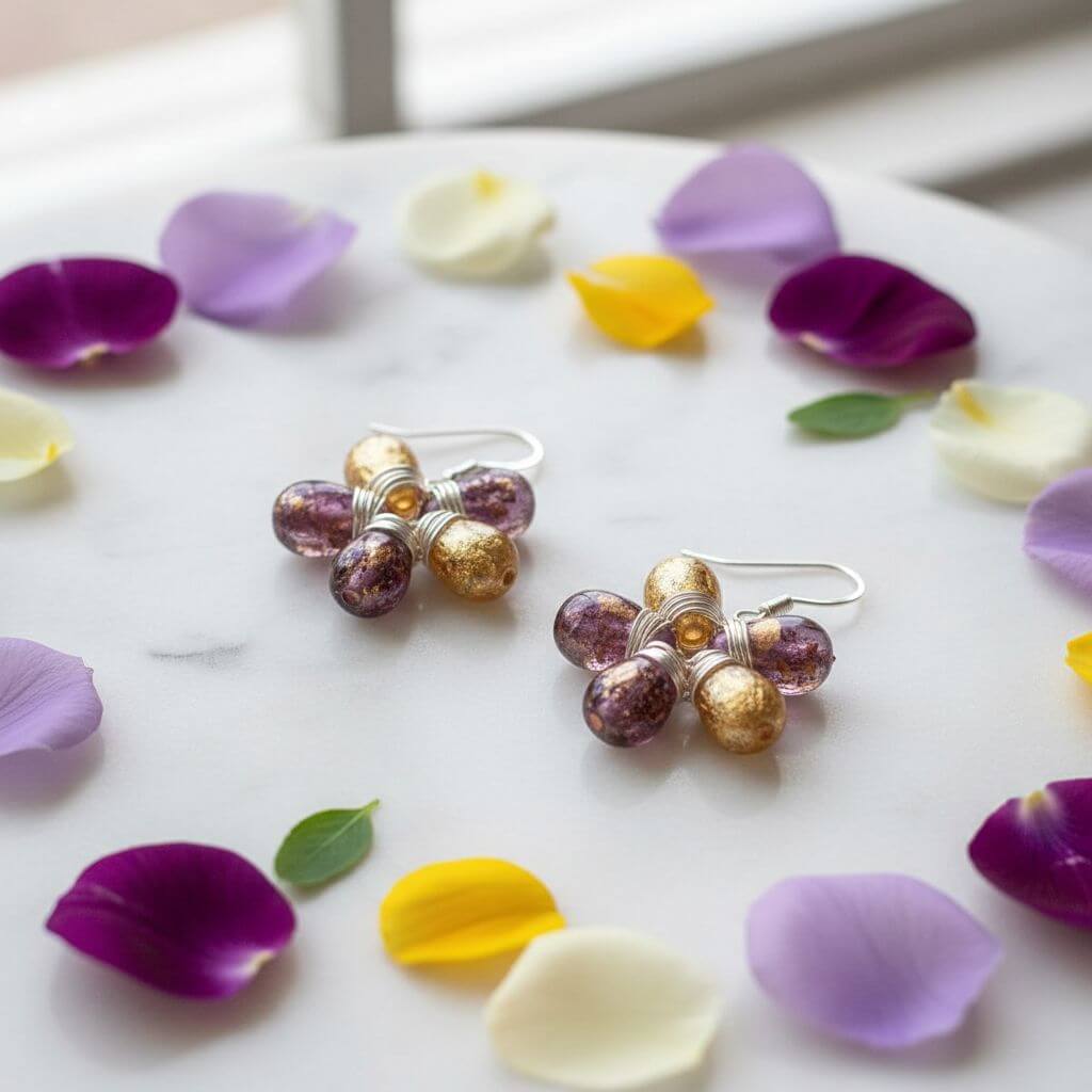 Purple and Yellow Flower Sterling Silver Earrings