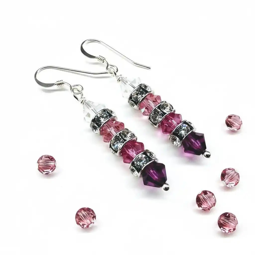 Hot Pink Ombre Stacked Crystal Sterling Silver Earrings with sparkling Swarovski crystals and dangling design.