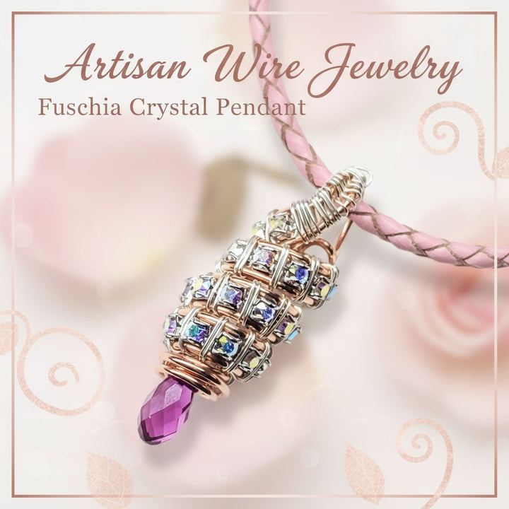 Copper Silver Tubular Wire Coiled  Fuchsia Crystal  Drop Pendant Necklace