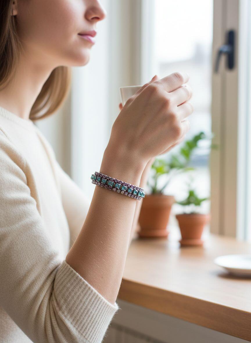 Handmade Hammered Sculpted Wire Wrapped Three Color Crystal Glamor Bangle